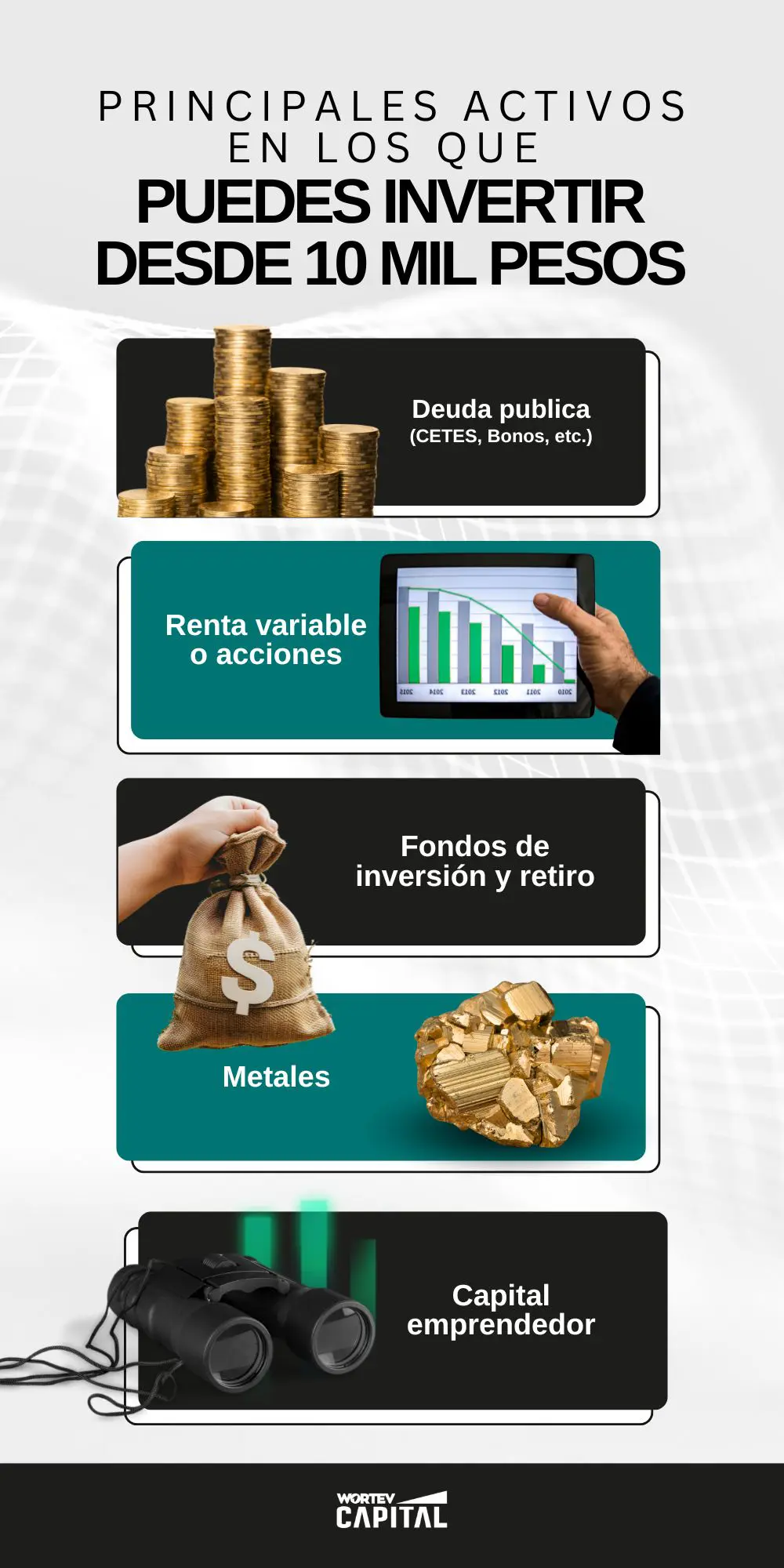 Infografía sobre las principales opciones para invertir desde 10 mil pesos en México. Invertir en deuda pública, acciones, fondos de inversión, metales o capital emprendedor.