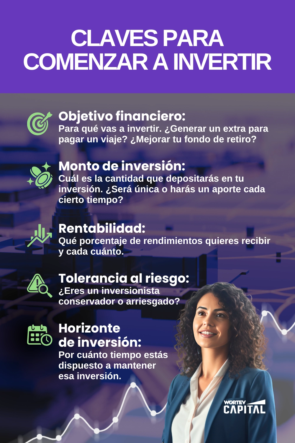 Imagen sobre las claves para comenzar a invertir: objetivo financiero, monto y horizonte de inversión, rentabilidad y tolerancia al riesgo.