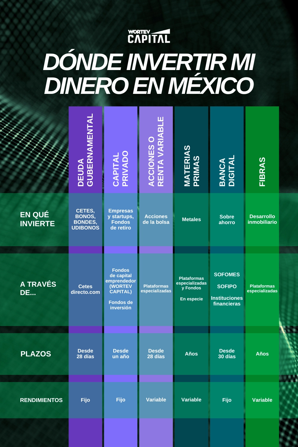 Tabla informativa de alternativas donde invertir dinero en México con características de plazo, monto mínimo y plataforma. Deuda gubernamental, capital privado, acciones, materias primas, banca digital, fibras